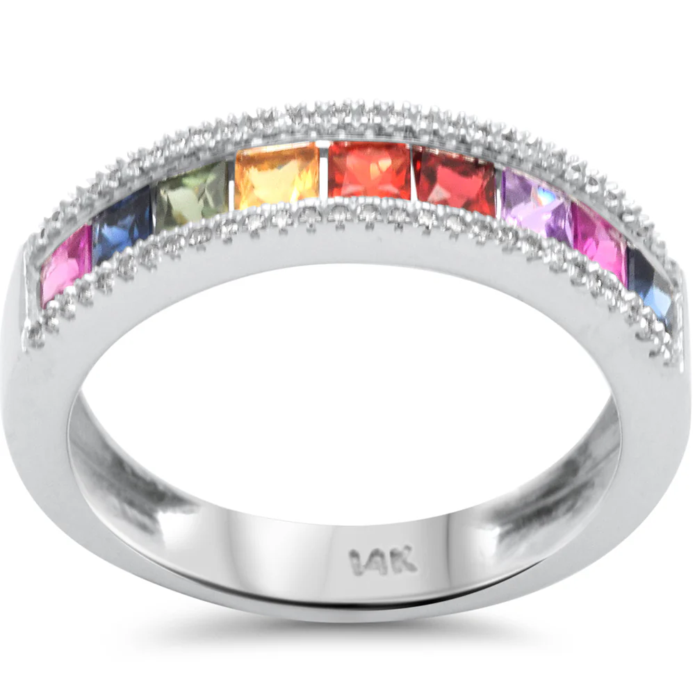 <span style="color:purple">SPECIAL!</span> 1.08ct G SI 14K White Gold Diamond & Multi Color Band Ring Size 6.5