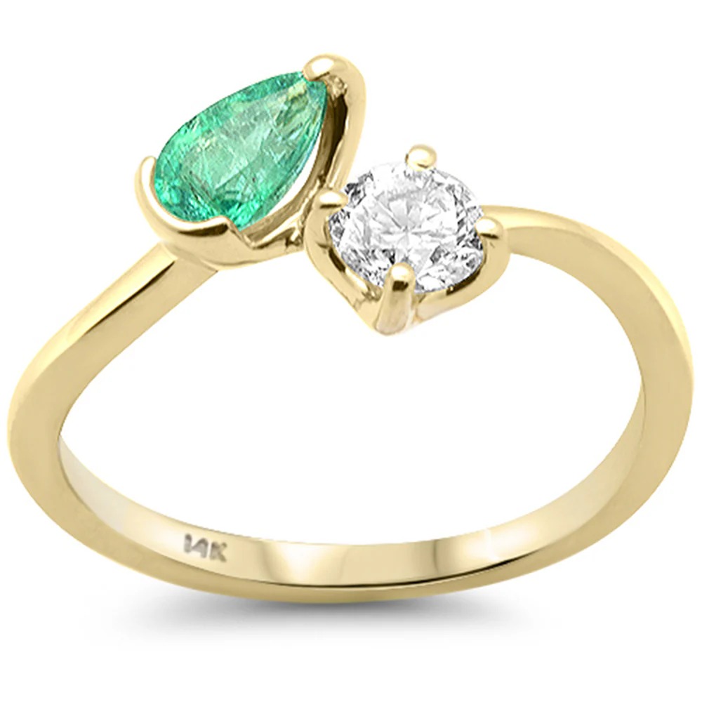 <span style="color:purple">SPECIAL!</span>.77ct G SI 14K Yellow Gold Pear Shape Natural Emerald Gemstone & Round Diamond Ring Size 6.5