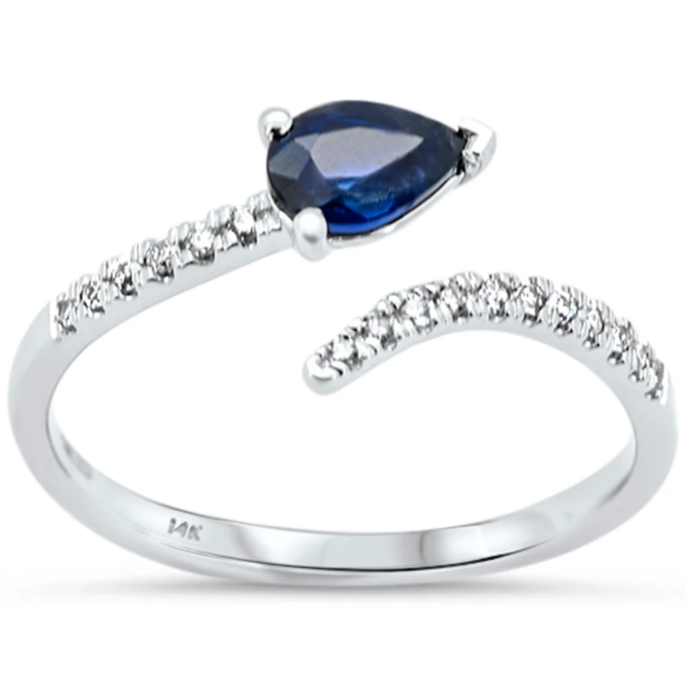.56ct G SI 14K White Gold Pear Shape Diamond & Blue Sapphire Gemstones Open Ring Size 6.5