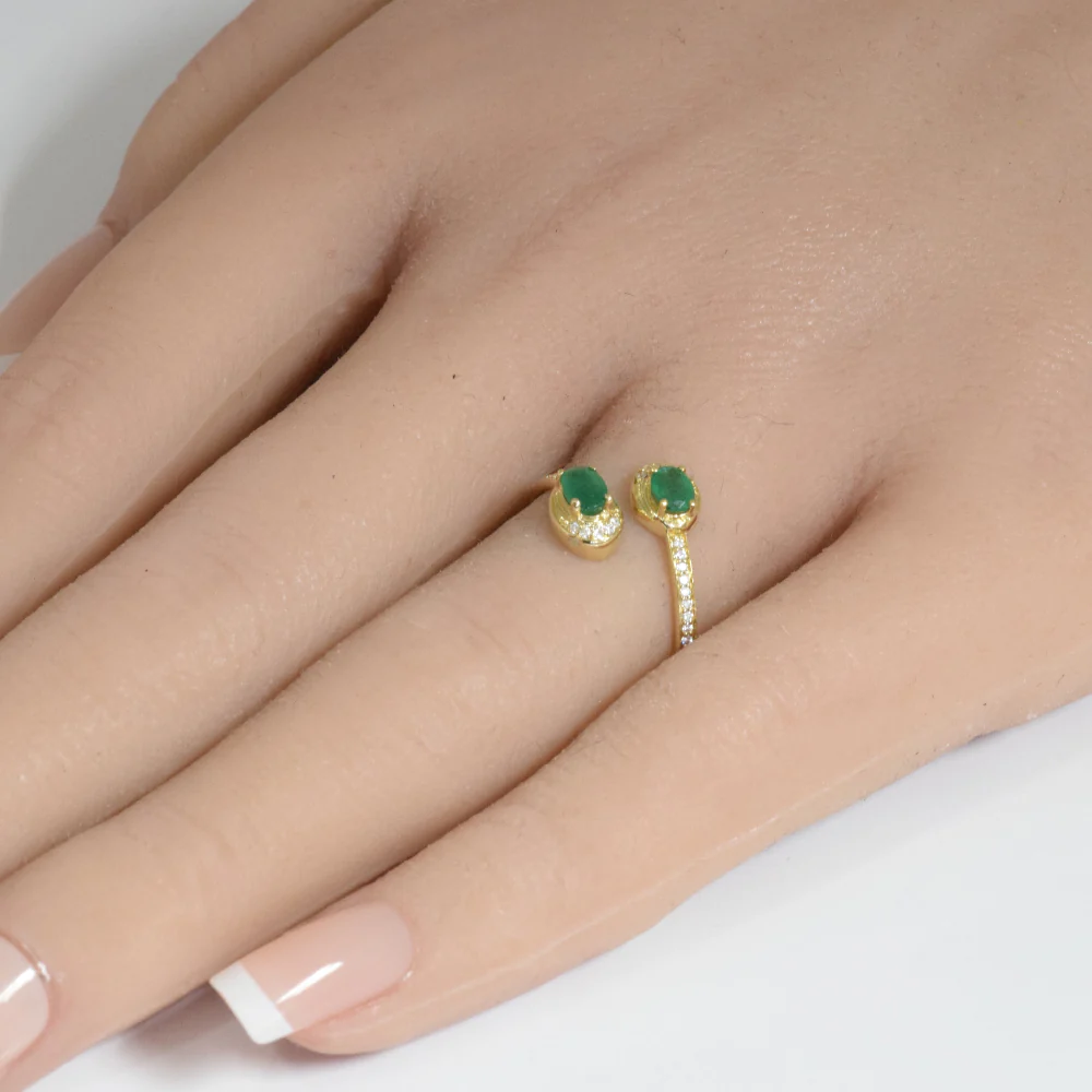 <span style="color:purple">SPECIAL!</span> .53ct G SI 14K Yellow Gold Round Diamond & Emerald Gemstones Open Ring Size 6.5 - Image 2