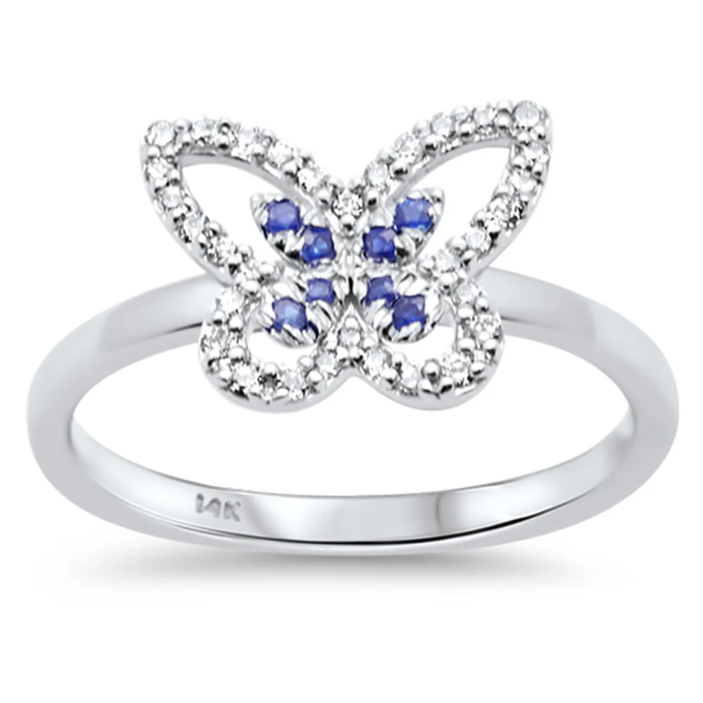 <span style="color:purple">SPECIAL!</span> .22ct G SI 14K White Gold Round Diamond & Blue Sapphire Gemstone Butterfly Ring Size 6.5