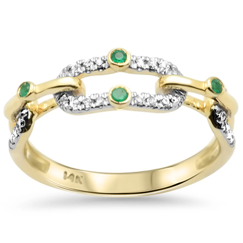 <span style="color:purple">SPECIAL!</span>.22ct G SI 14K Yellow Gold Diamond & Emerald Gemstone Link Style Band Ring Size 6.5