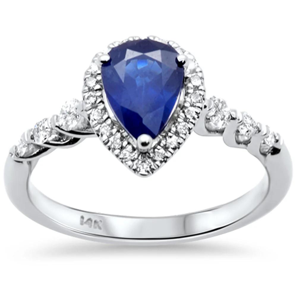 <span style="color:purple">SPECIAL!</span>1.57ct G SI 14K White Gold Diamond & Pear Shape Blue Sapphire Ring Size 6.5
