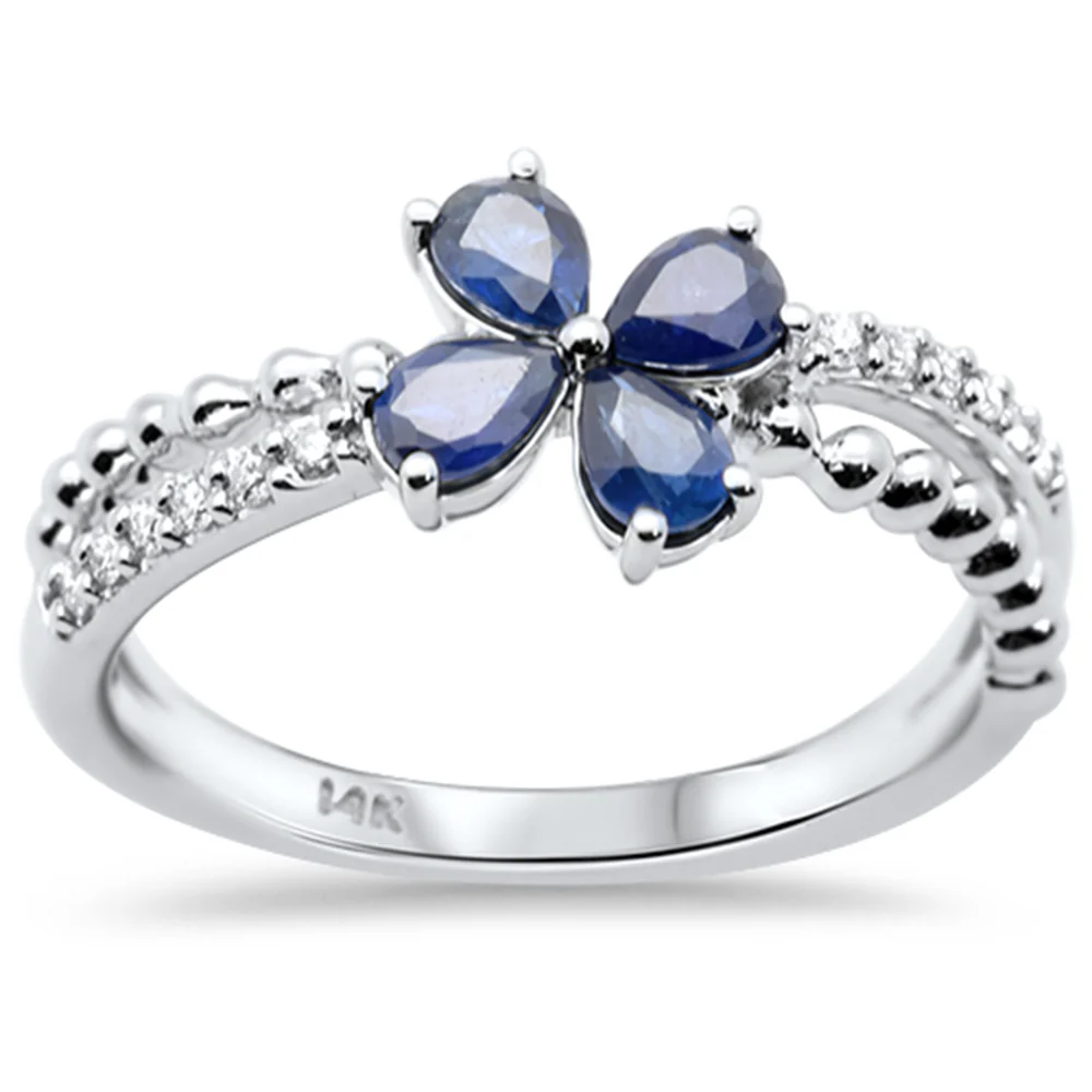 <span style="color:purple">SPECIAL!</span>.92ct G SI 14K White Gold Diamond & Pear Shape Blue Sapphire Gemstone Flower Ring Size 6.5