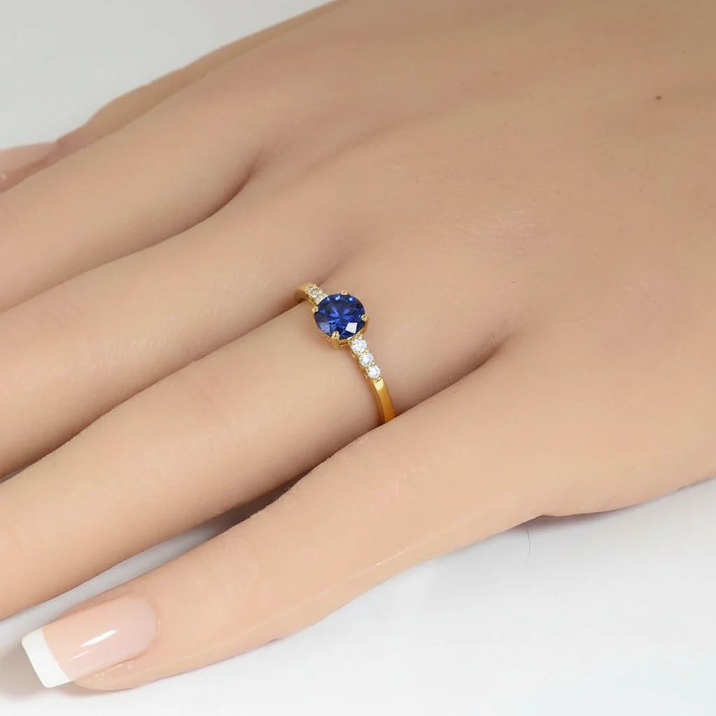 <span style="color:purple">SPECIAL!</span> .72ct G SI 14K Yellow Gold Diamond & Round Blue Sapphire Gemstone Ring Size 6.5 - Image 2