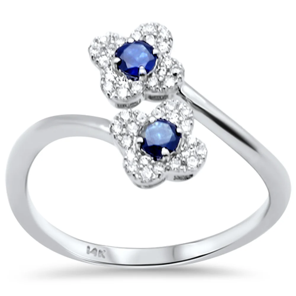 <span style="color:purple">SPECIAL!</span>.43ct G SI 14K White Gold Diamond & Blue Sapphire Gemstone Clover Style Ring Size 6.5