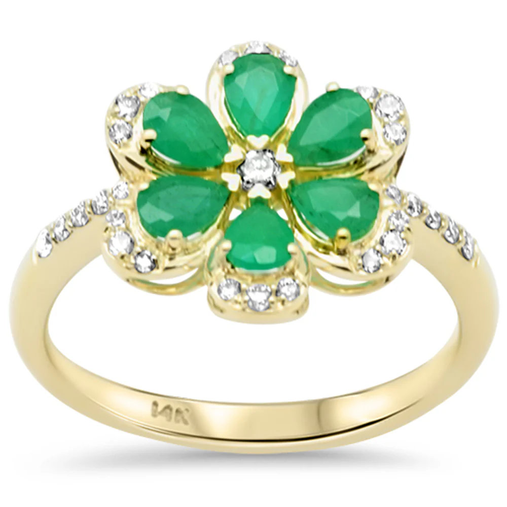 <span style="color:purple">SPECIAL!</span>.96ct G SI 14K Yellow Gold Diamond & Emerald Gemstone Flower Ring Size 6.5
