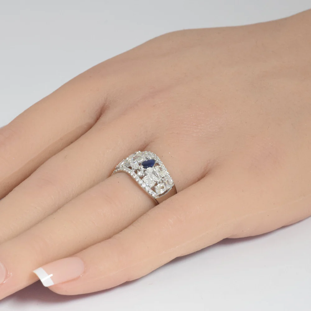 <span style="color:purple">SPECIAL!</span>1.93ct G SI 14K White Gold Multi Shape Diamond & Blue Sapphire Gemstone Ring Band Size 6.5 - Image 2