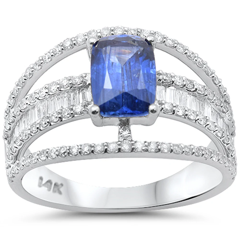 <span style="color:purple">SPECIAL!</span> 2.30ct G SI 14K White Gold Diamond & Cushion Cut Blue Sapphire Gemstone Ring Size 6.5