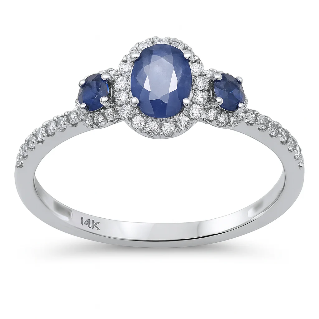 <span style="color:purple">SPECIAL!</span> 1.10ct G SI 14K White Gold Diamond & Blue Sapphire Gemstone Ring Size 6.5