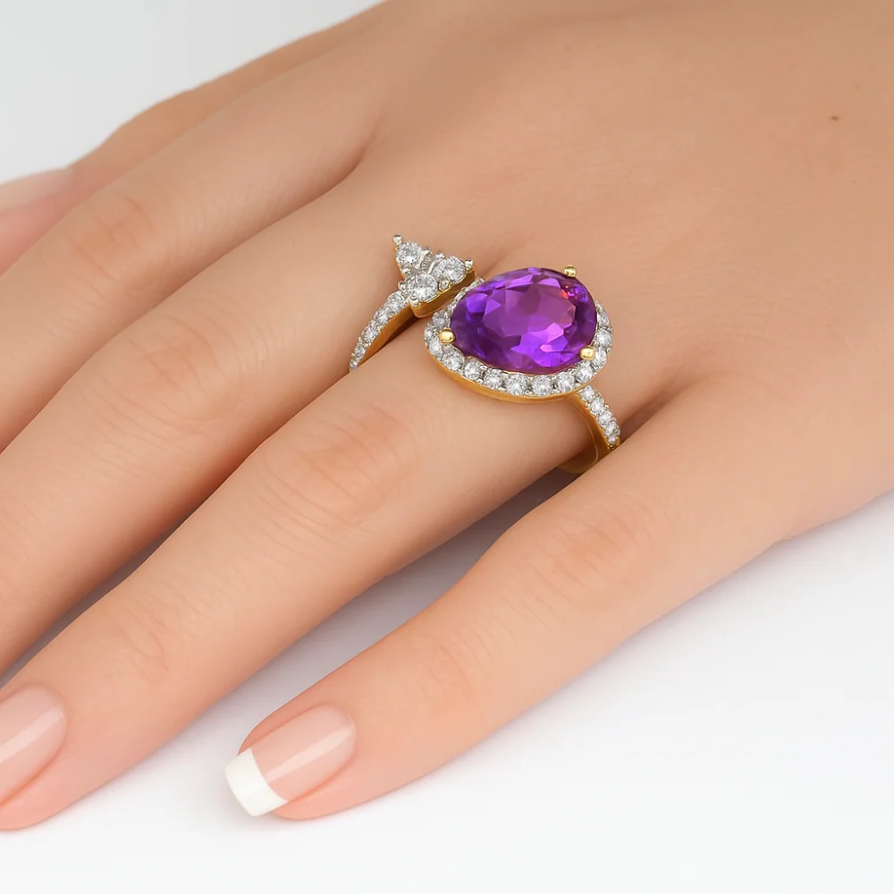 <span style="color:purple">SPECIAL!</span> 1.52ct G SI 14K Yellow Gold Pear Shape Amethyst Gemstone & Diamond Open Ring Size 6.5 - Image 2