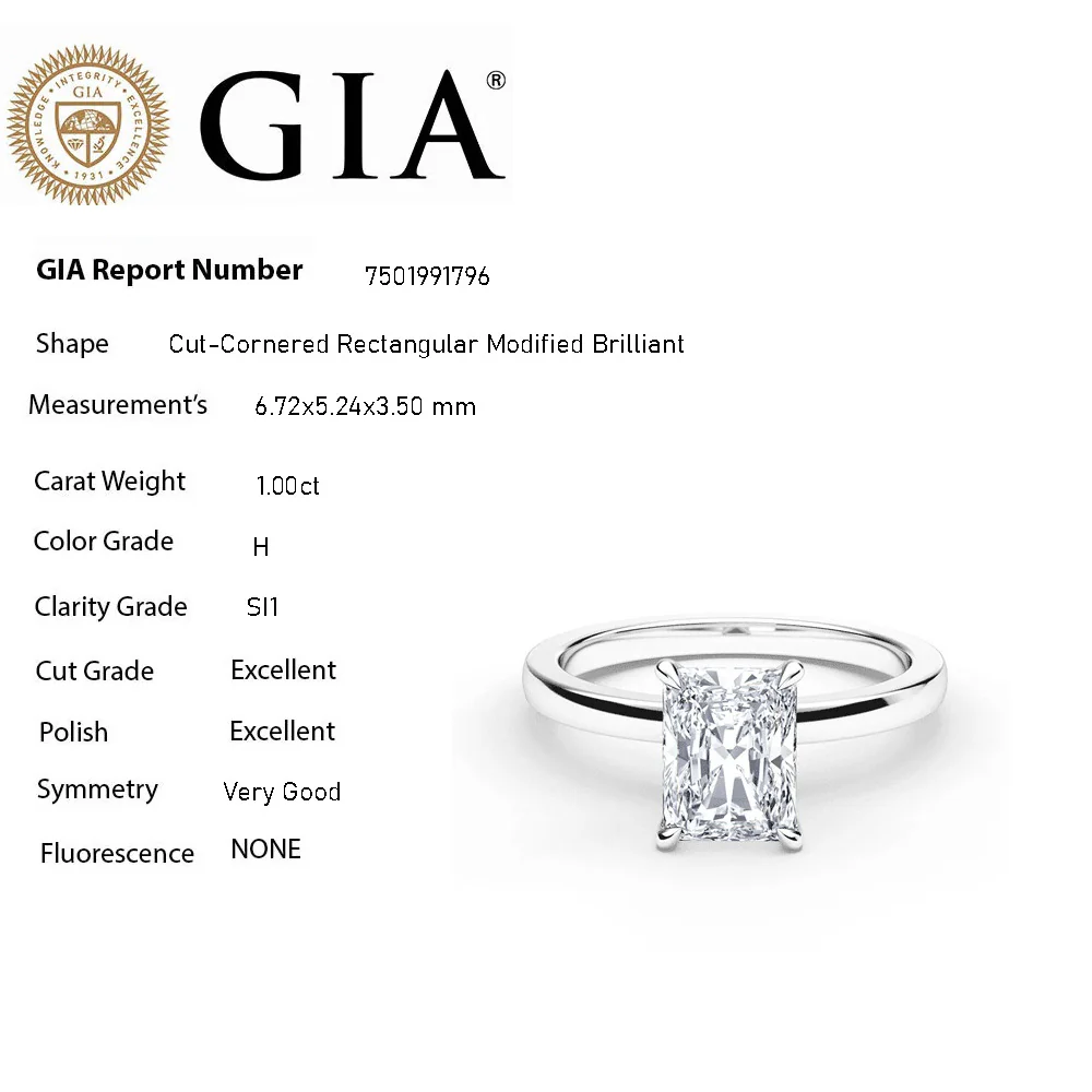 <span style="color:purple">SPECIAL!</span> 1.00ct H-SI1 GIA CERTIFIED 14K White Gold Radiant Cut Diamond Solitaire Ring Band Size 6