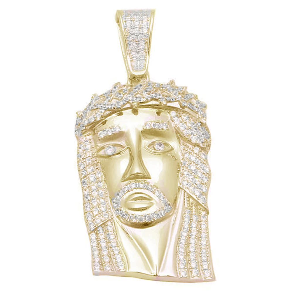 <span>CLOSEOUT! </span>Yellow Gold Plated Hiphop Style Heavy 4CT Micro Pave Cubic zirconia Jesus Piece .925 Sterling Silver Pendant