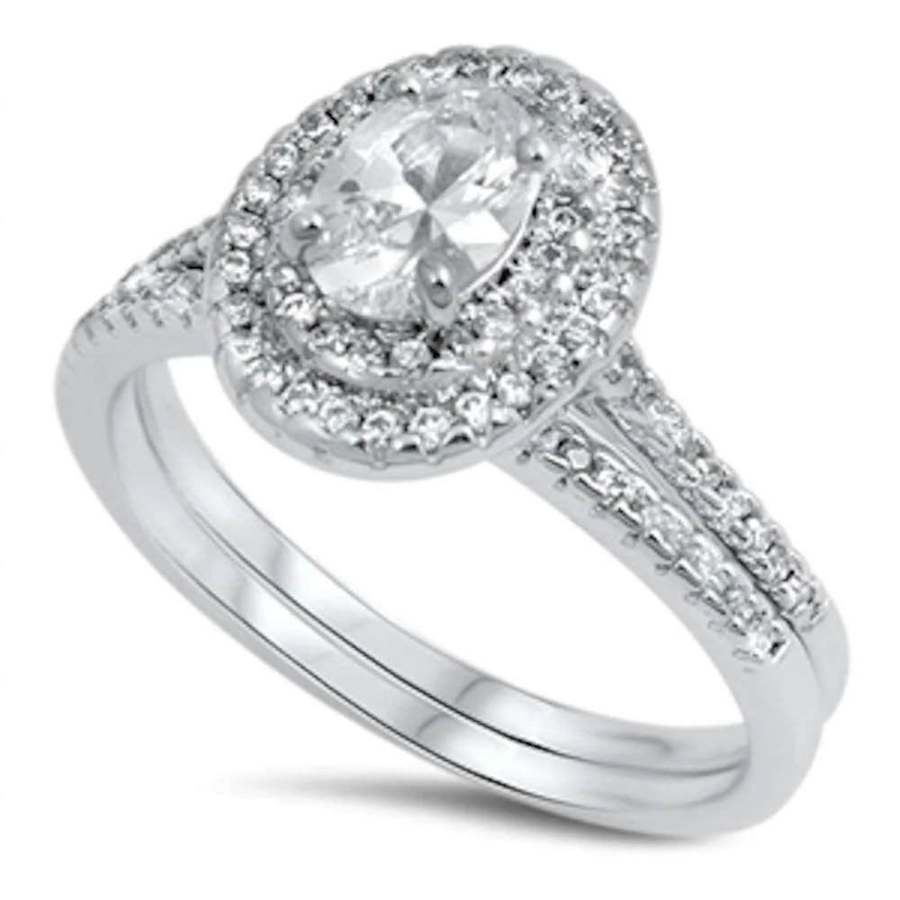 <span>CLOSEOUT! </span>Oval Halo Cz Wedding Set .925 Sterling Silver Ring Sizes 5-7,9,10