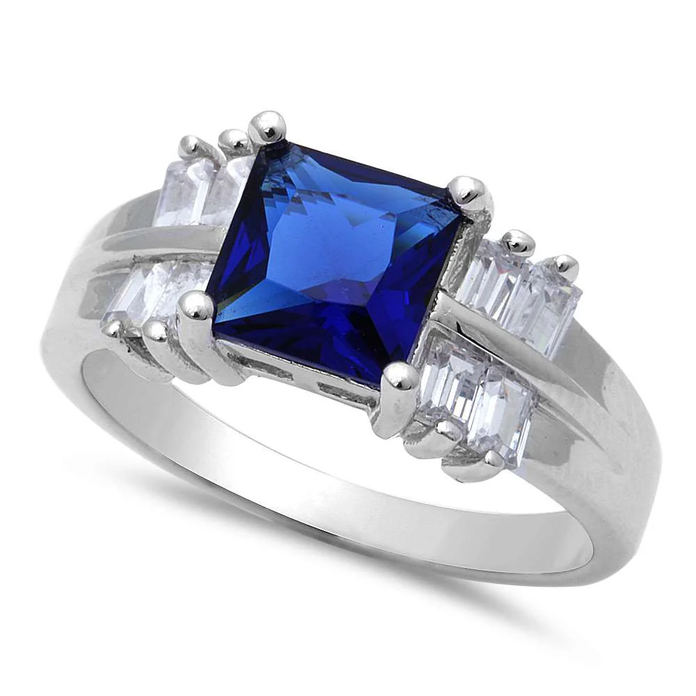 <span>CLOSEOUT!</span> Princess Cut Blue Sapphire & Baguette Cubic Zirconia .925 Sterling Silver Ring