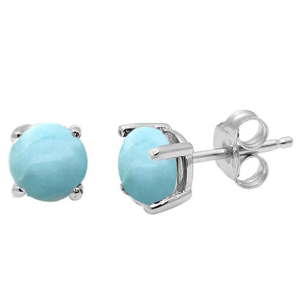 Round Natural Larimar Stud .925 Sterling Silver Earrings 3MM-10MM Available - Image 2