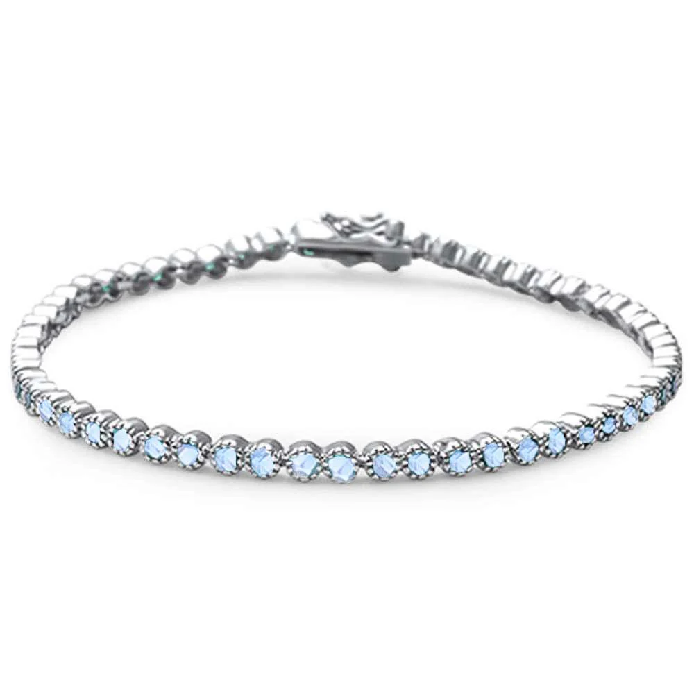 Elegant Round Aquamarine .925 Sterling Silver Tennis Bracelet 7" Long