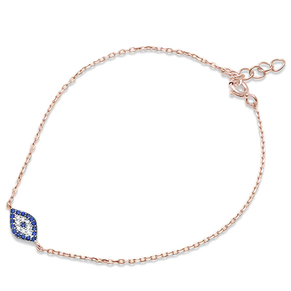 <span>CLOSEOUT! </span>Trendy! Rose Gold Plated Blue Sapphire Evil Eye .925 Sterling Silver Bracelet