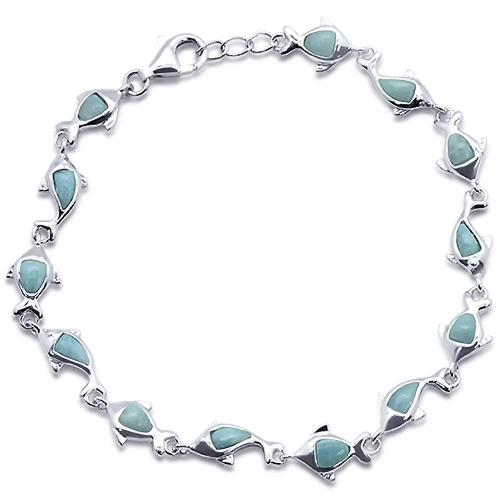 Natural Larimar Dolphin Charm .925 Sterling Silver Bracelet 7.5" to 8" Long