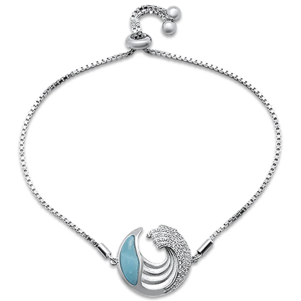 Natural Larimar & Cubic Zirconia .925 Sterling Silver Bracelet Adjustable