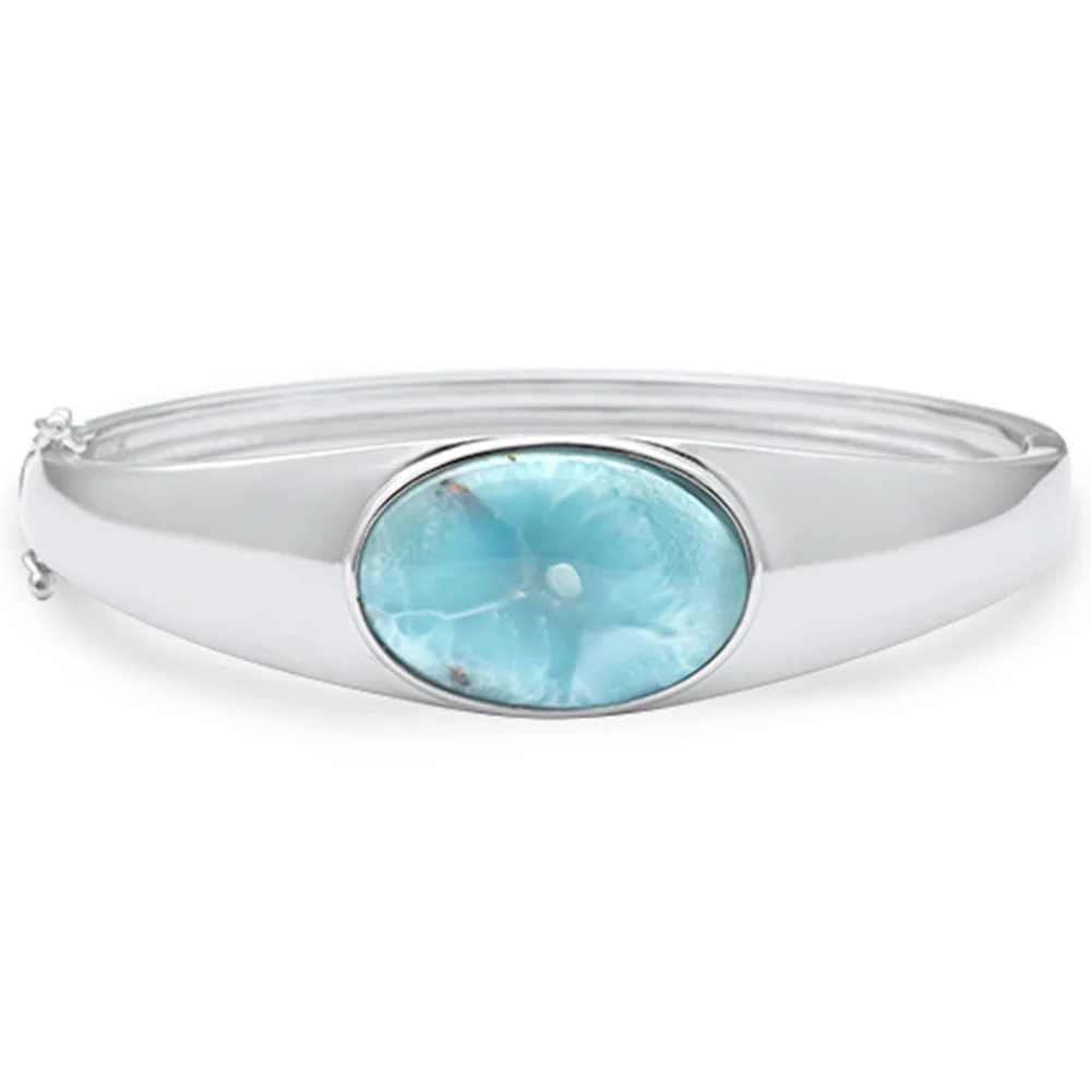 Oval Shaped Natural Larimar Bangle .925 Sterling Silver Bracelet