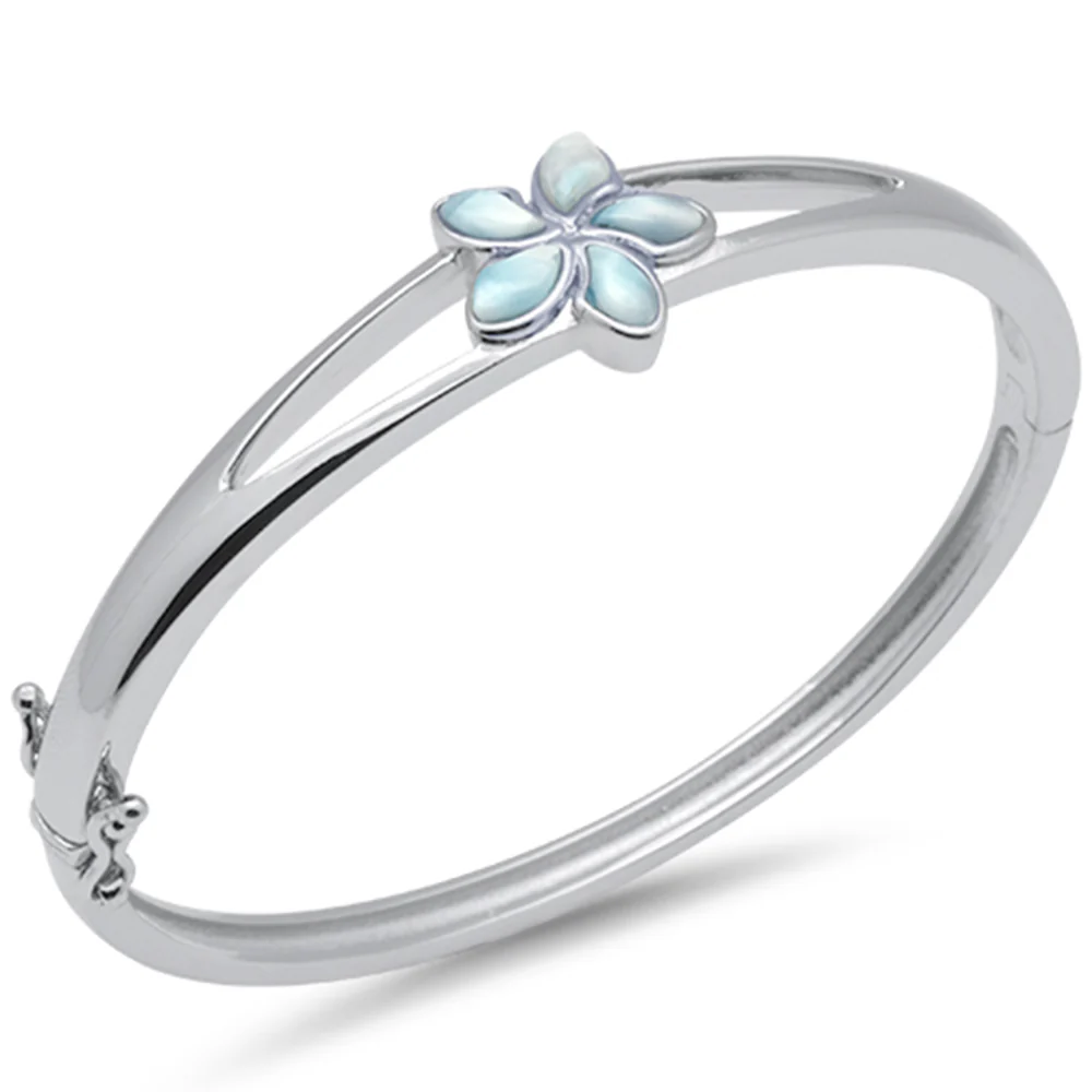 Flower Natural Larimar .925 Sterling Silver Bangle Bracelet