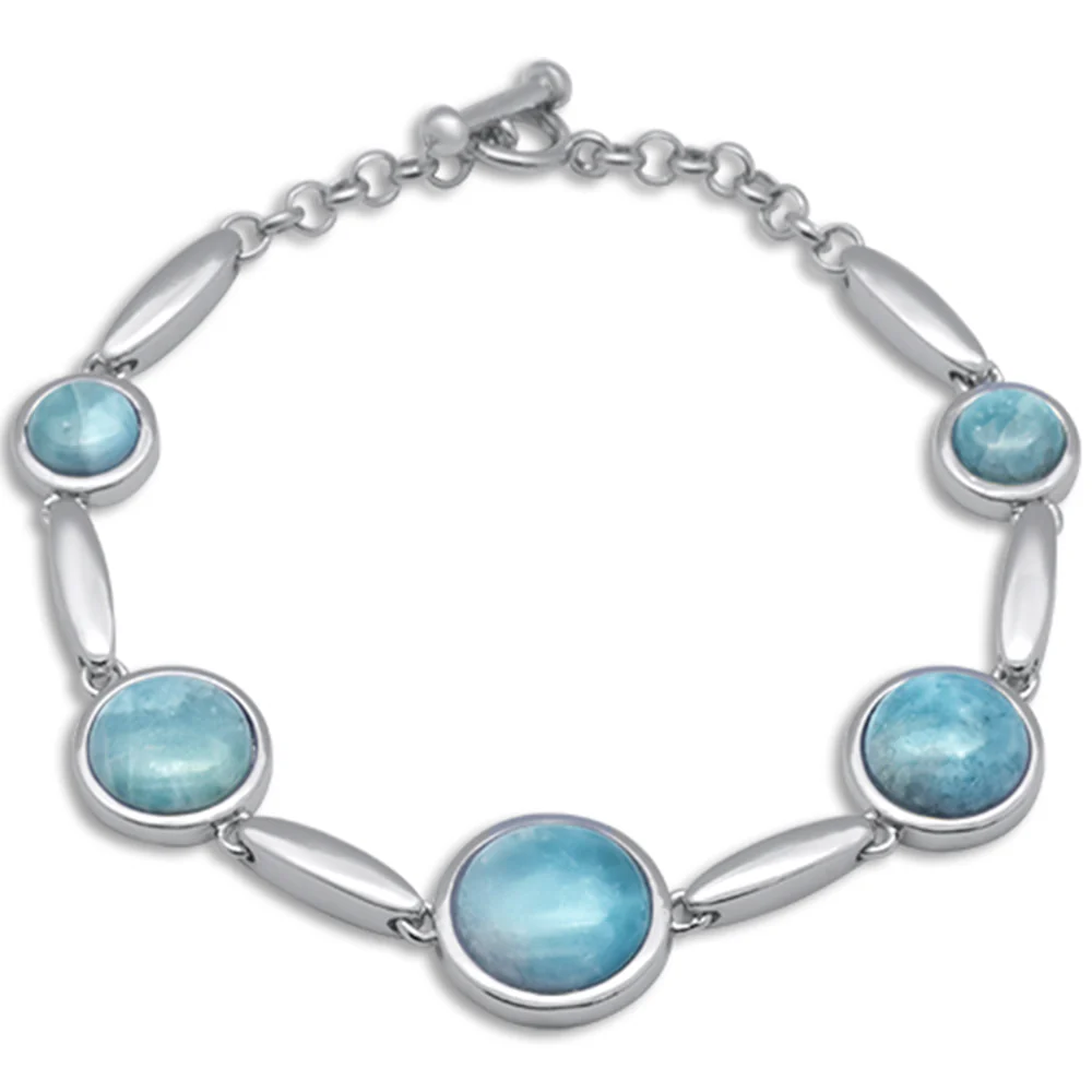Round Natural Larimar .925 Sterling Silver Bracelet