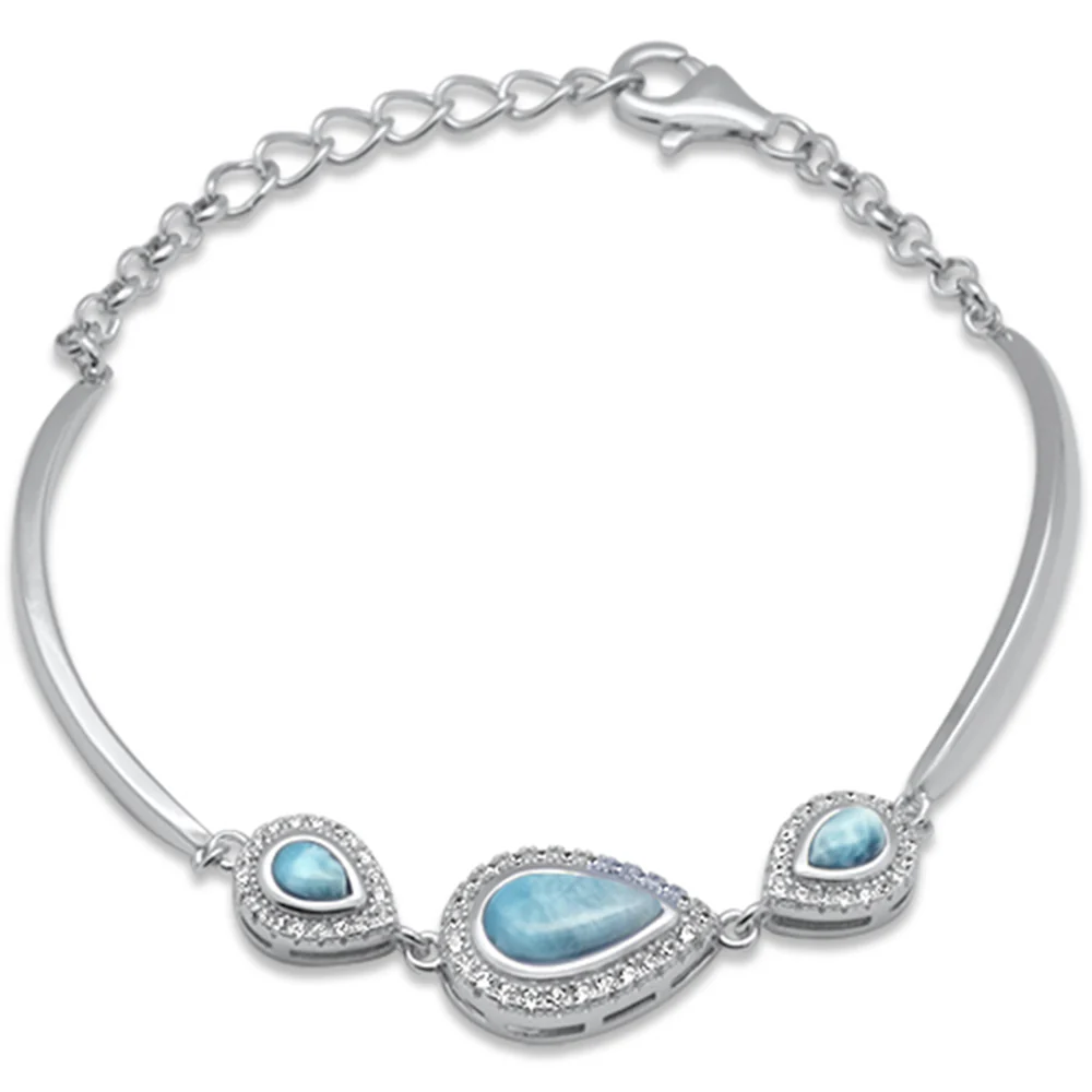 Teardrop Natural Larimar & CZ .925 Sterling Silver Bracelet