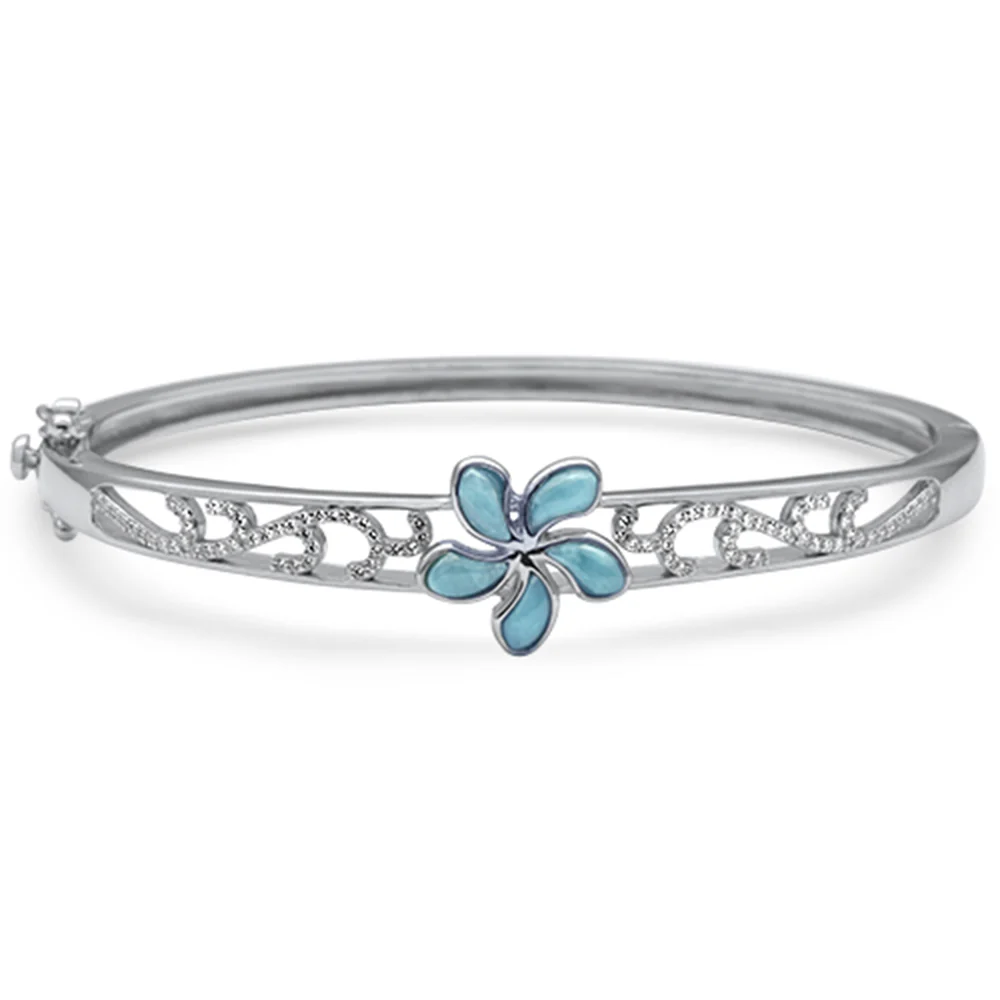Natural Larimar & CZ Flower Bangle .925 Sterling Silver Bracelet