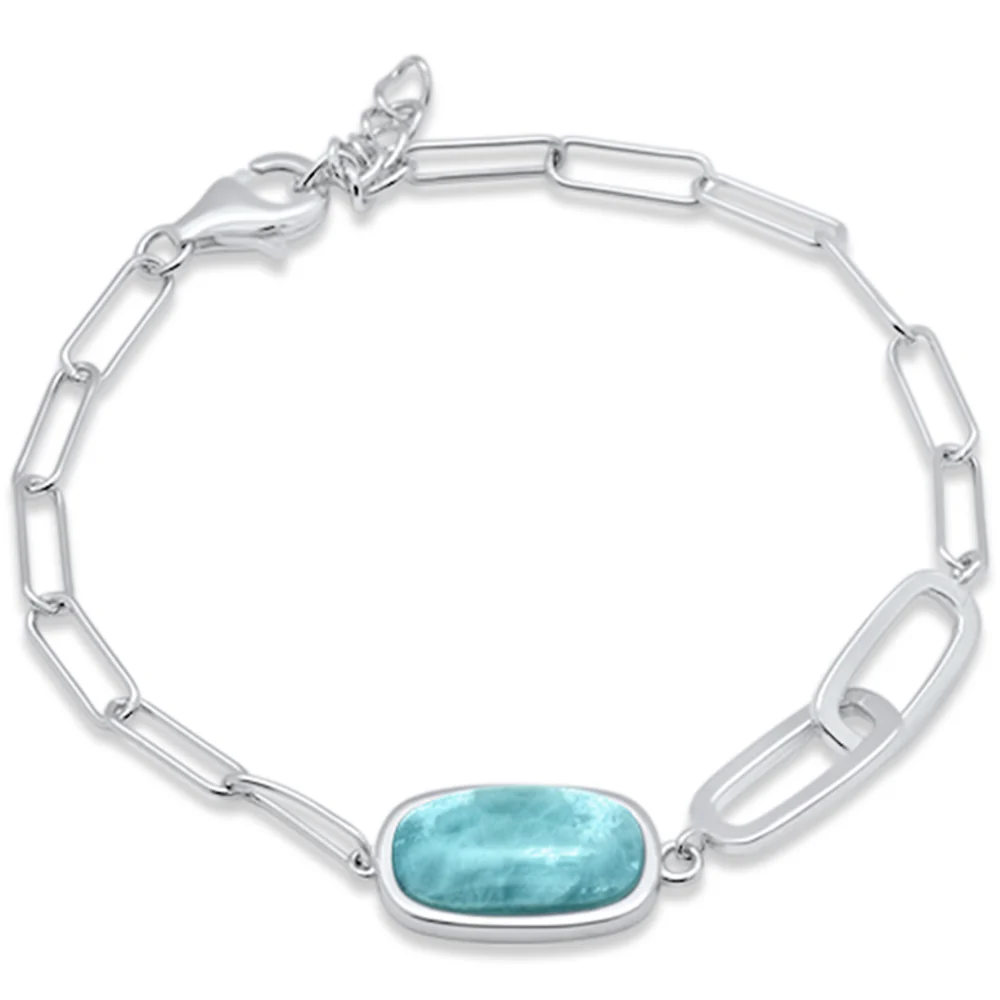 Natural Larimar with Link .925 Sterling Silver Bracelet 6.5" + 1" Adjustable