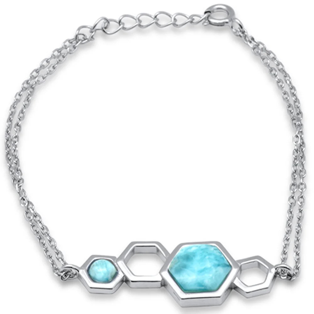 Hexagon Shape Natural Larimar Pattern .925 Sterling Silver Bracelet 5.5" + 1" Adjustable