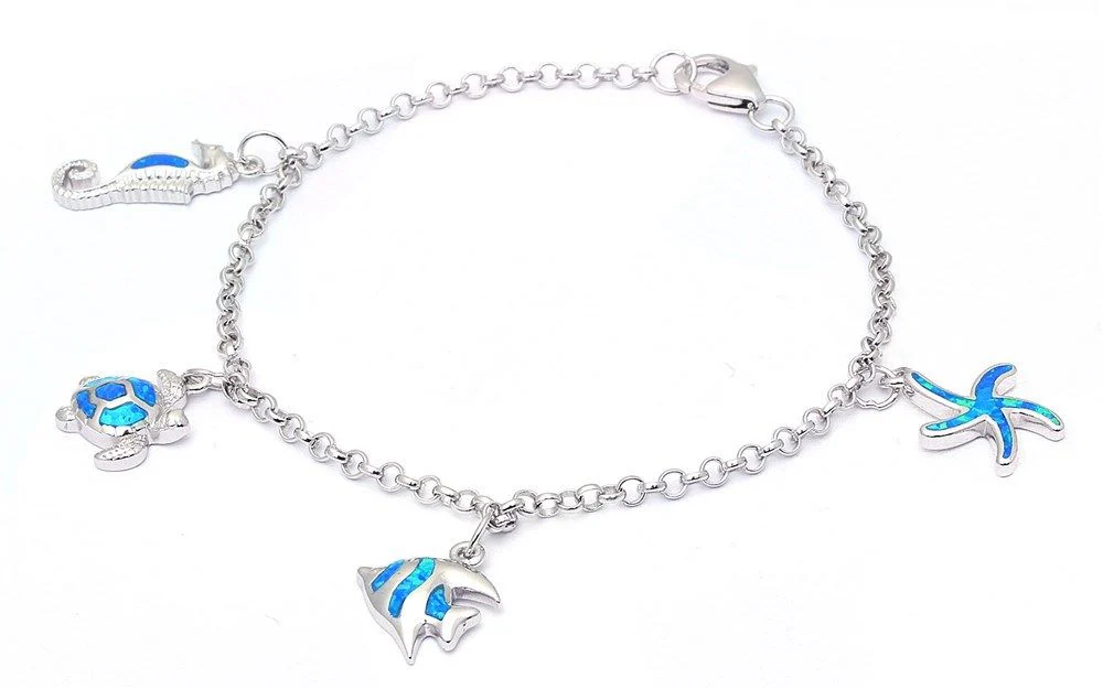 <span>CLOSEOUT! </span>Blue Opal Sea Horse, turtle, Fish, & starfish .925 Sterling Silver Bracelets