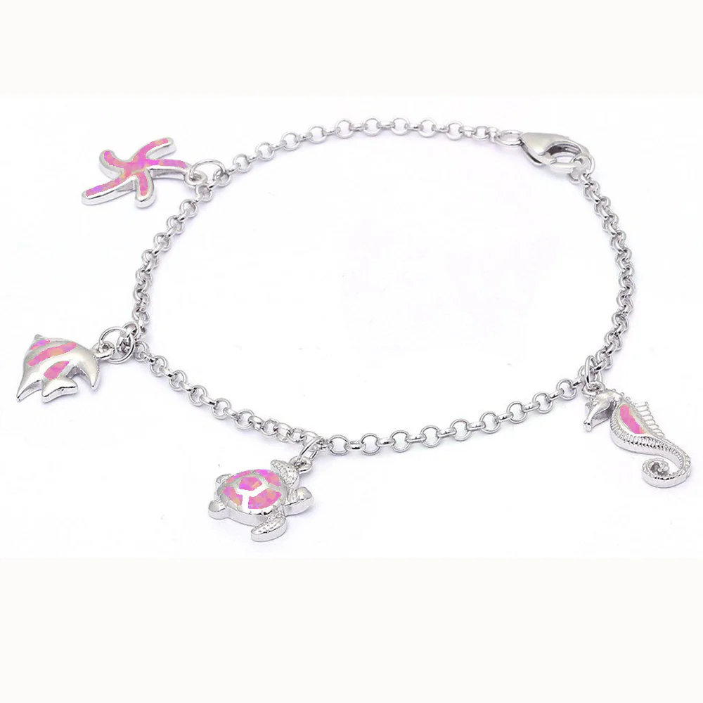 Pink Opal Sea Horse, Turtle, Fish & Starfish .925 Sterling Silver Bracelet