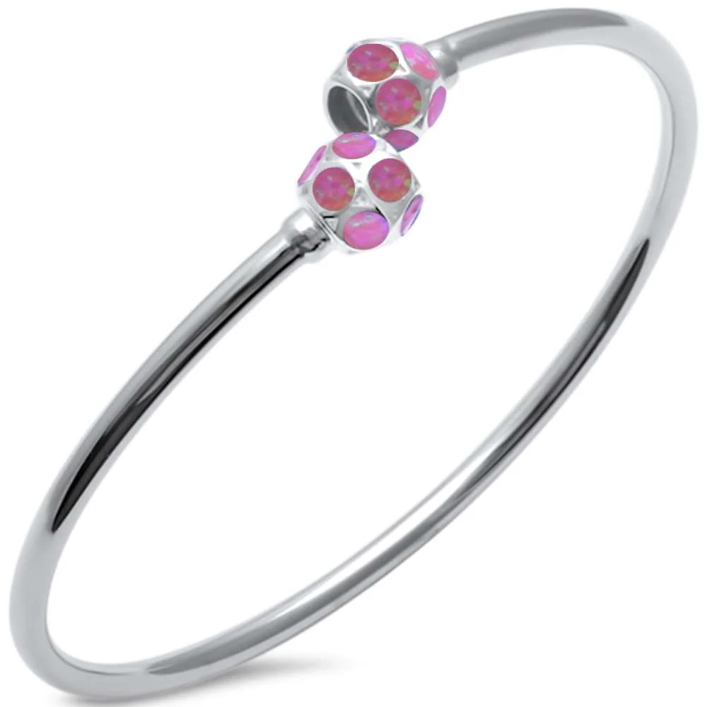 <span>CLOSEOUT! </span>Pink Opal Ball Cuff .925 Sterling Silver Bangle Bracelet 7.5"