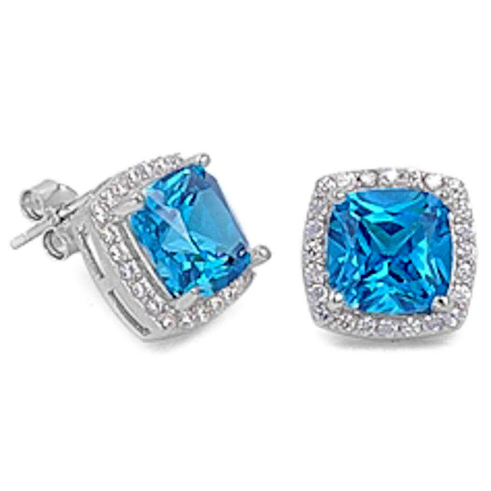 Cushion Cut Blue Topaz & Cubic Zirconia .925 Sterling Silver Earrings