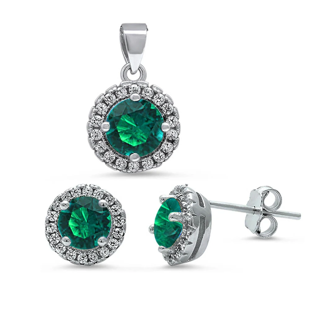 Halo Green Emerald & Cz .925 Sterling Silver Pendant & Earrings Set