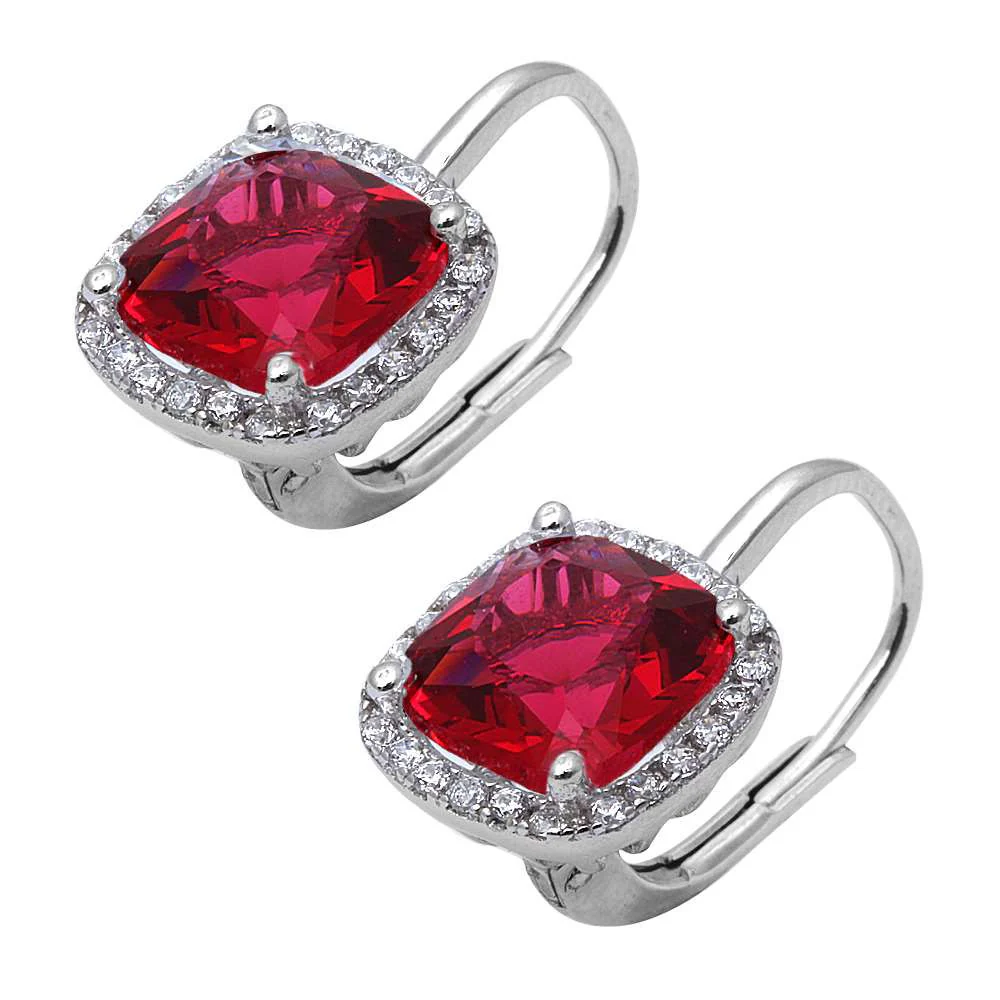 Cushion Cut Ruby and Cubic Zirconia .925 Sterling Silver Earring