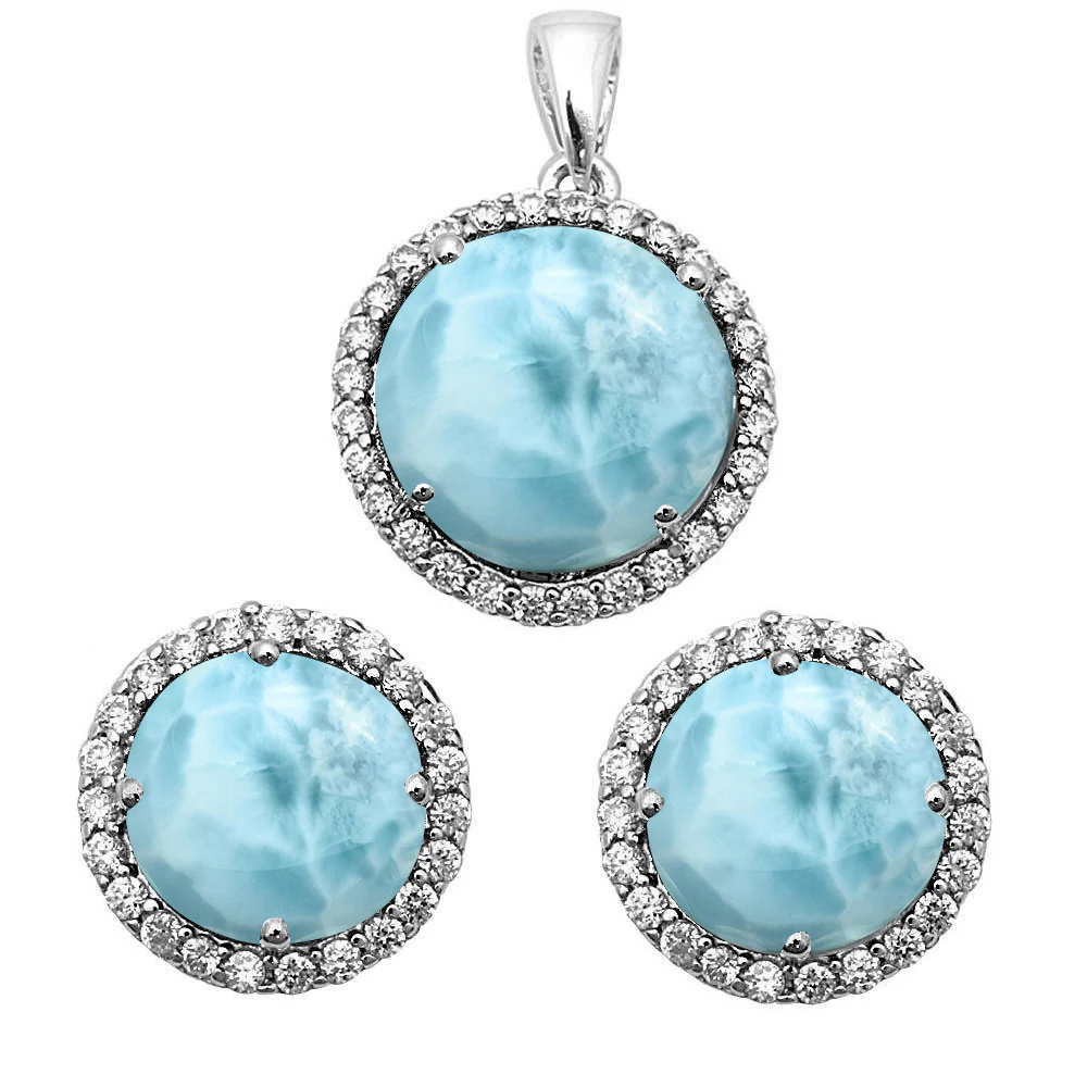 Halo Natural Larimar Cubic Zirconia .925 Sterling Silver Earrings & Pendant Set