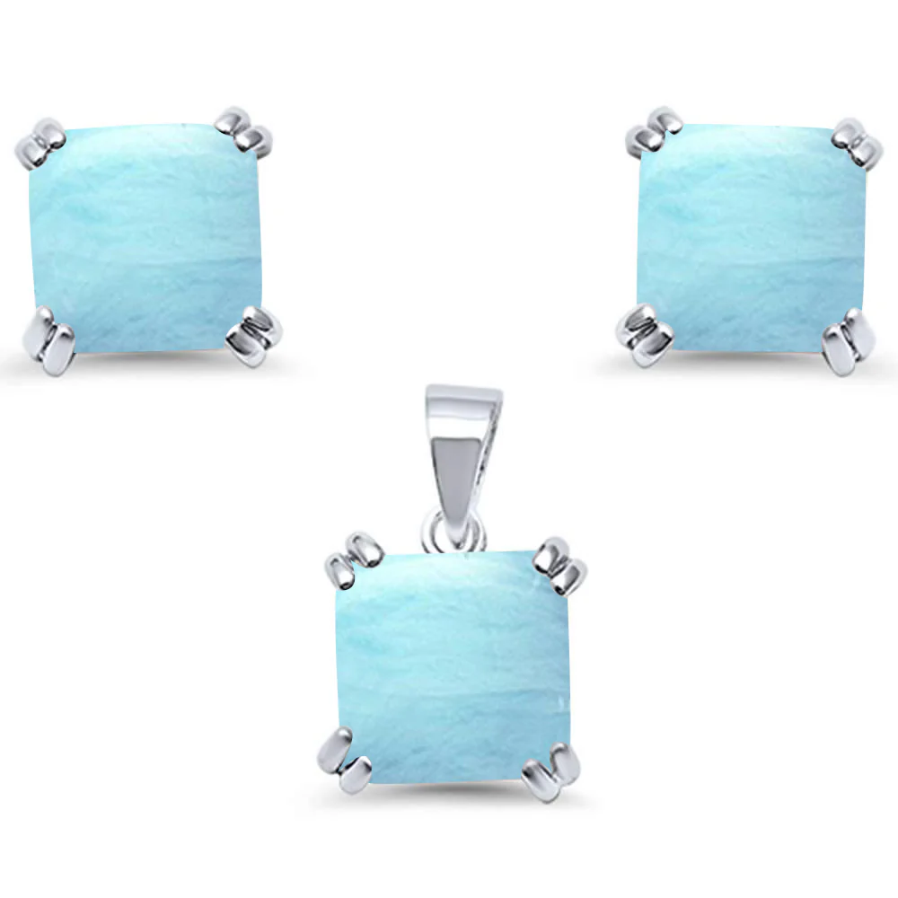 Natural Larimar Cushion Cut  .925 Sterling Silver Earring & Pendant Set