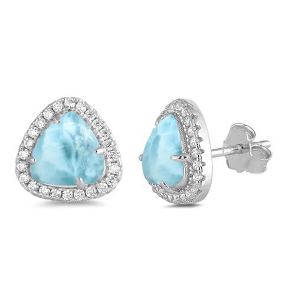 Natural Larimar & Cubic Zirconia Trillion Cut .925 Sterling Silver Earrings
