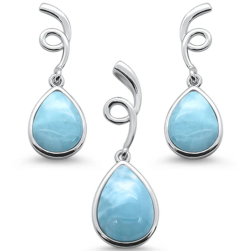 Natural Larimar Pear Shape Spiral Dangle Earring & Pendant .925 Sterling Silver Set