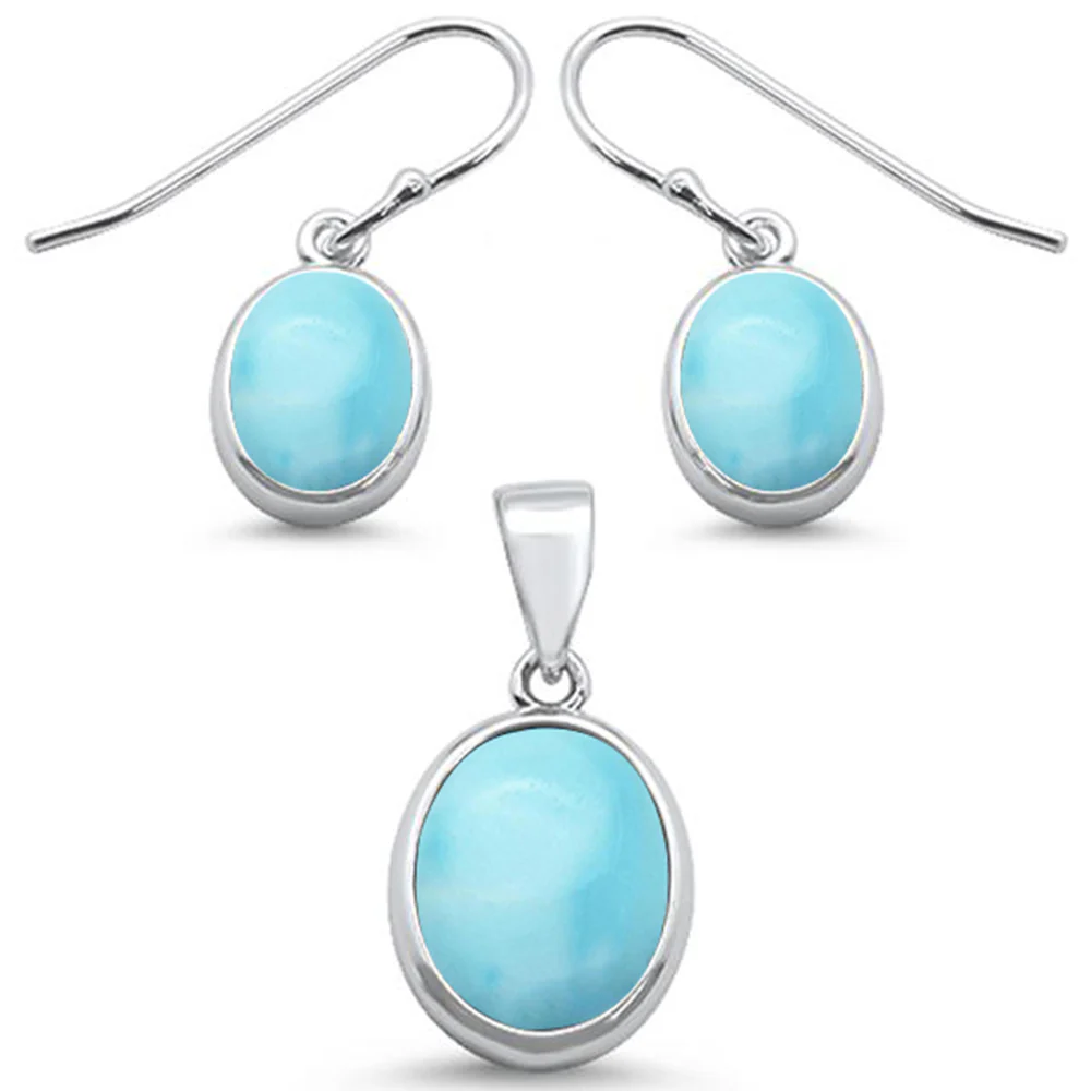 Oval Natural Larimar Design .925 Sterling Silver Pendant & Earring Set