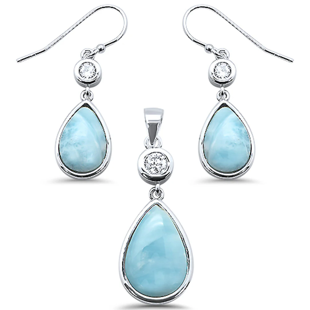 Pear Shape Natural Larimar & Cubic Zirconia .925 Sterling Silver Pendant & Earrings Set