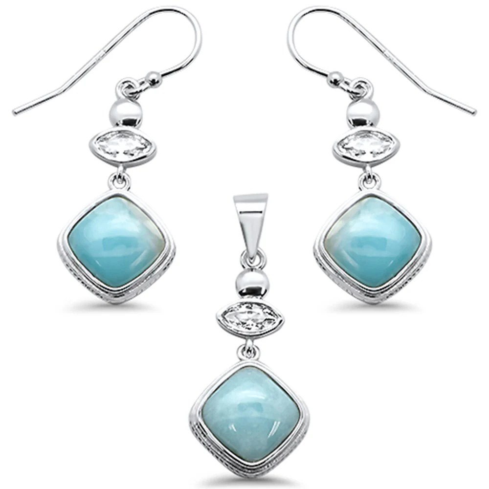 Cushion Natural Larimar & CZ .925 Sterling Silver Pendant & Earring Set