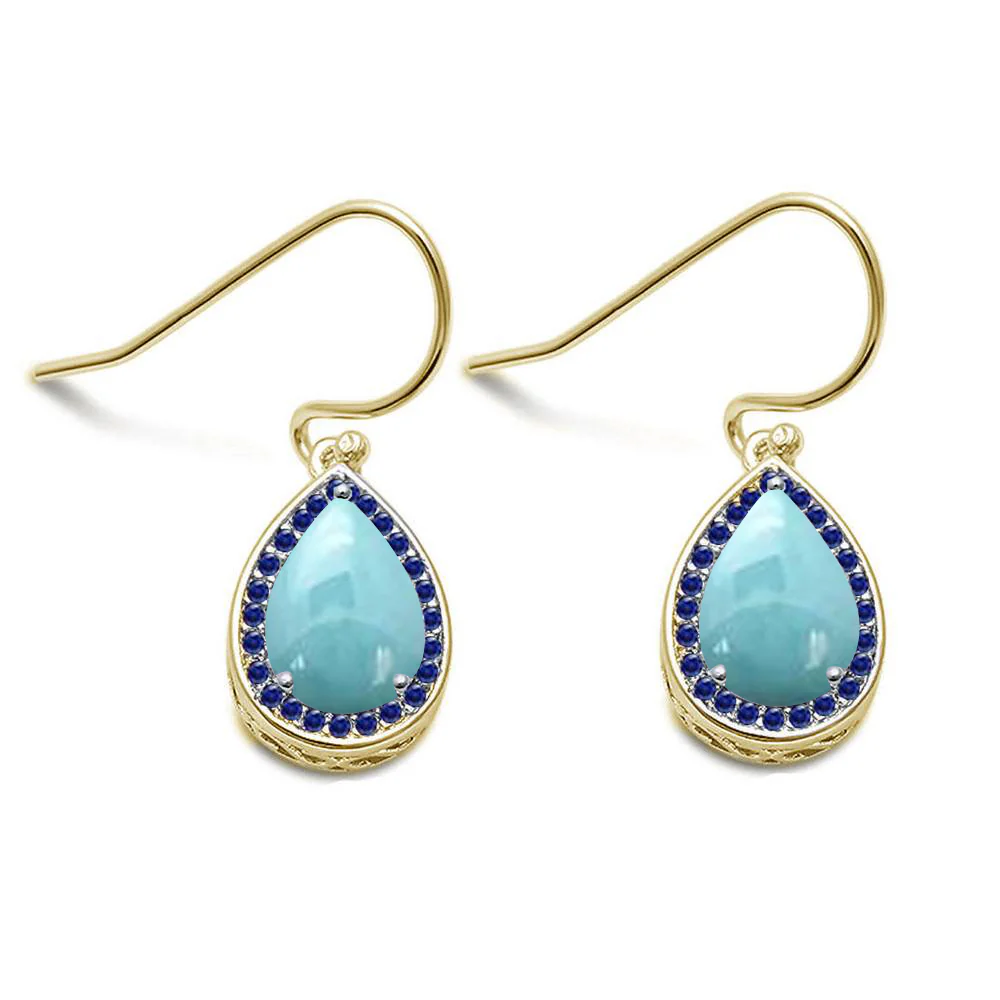 Natural Larimar & Blue Sapphire Pear Drop Dangle .925 Sterling Silver Earrings