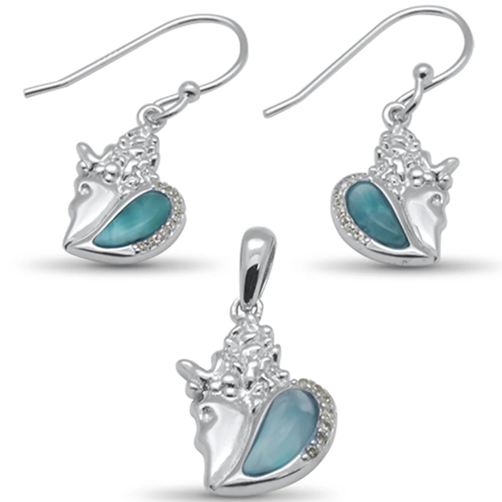 Natural Larimar & Cz Conch Shell Earring & Pendant .925 Sterling Silver Set