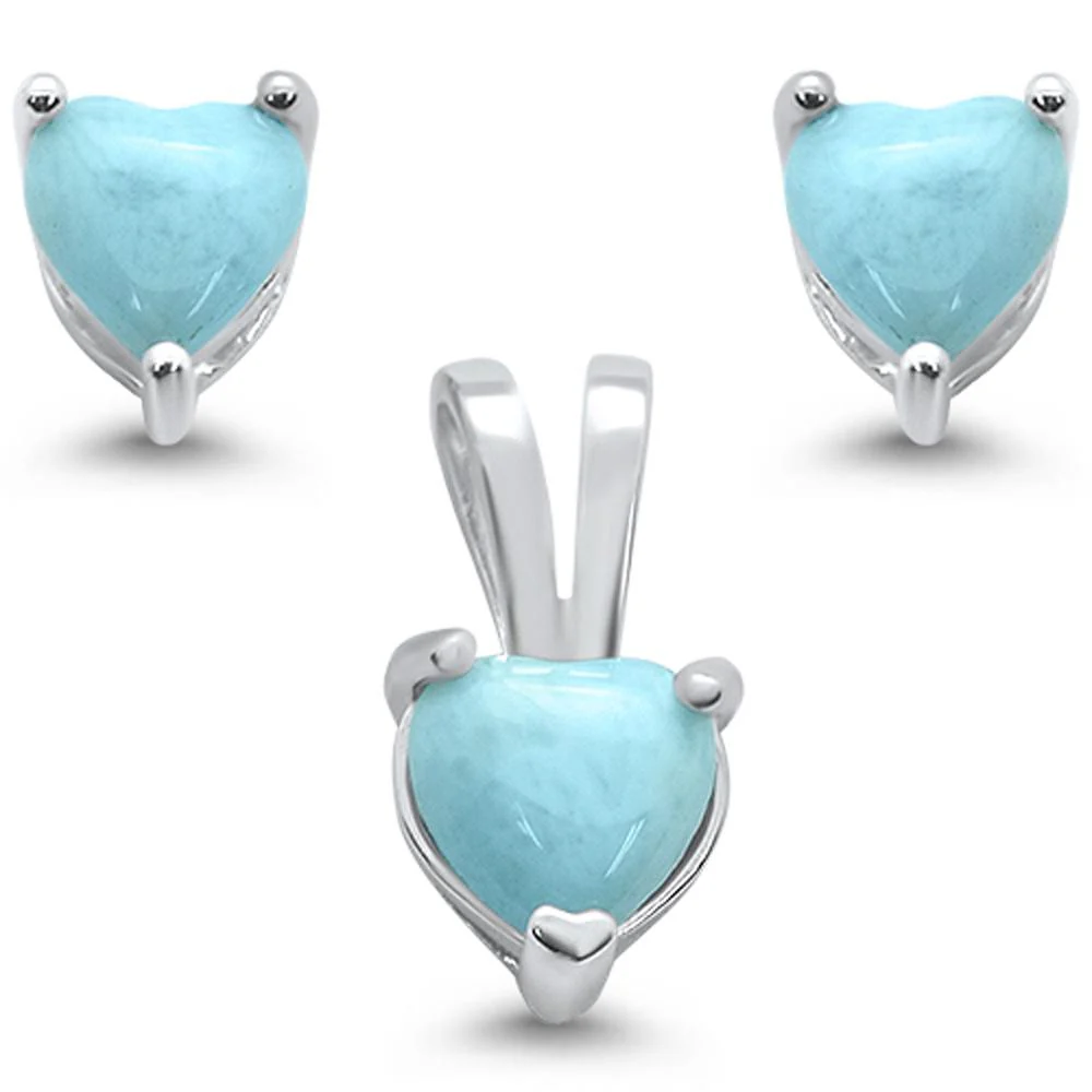 Natural Larimar Heart Earring & Pendant .925 Sterling Silver Set