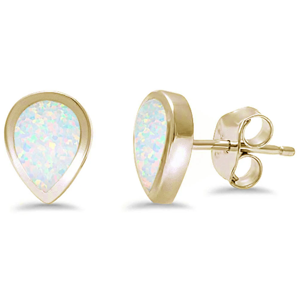 Yellow Gold Plated Tear Shape White Opal .925 Sterling Silver Earrings