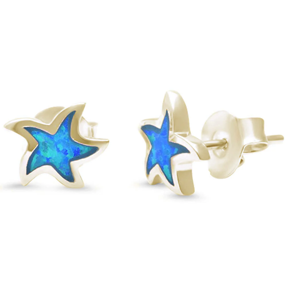 Blue Opal Star Yellow Gold .925 Sterling Silver Earrings