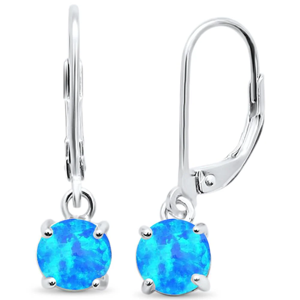 Round Blue Opal Lever Back .925 Sterling Silver Earrings